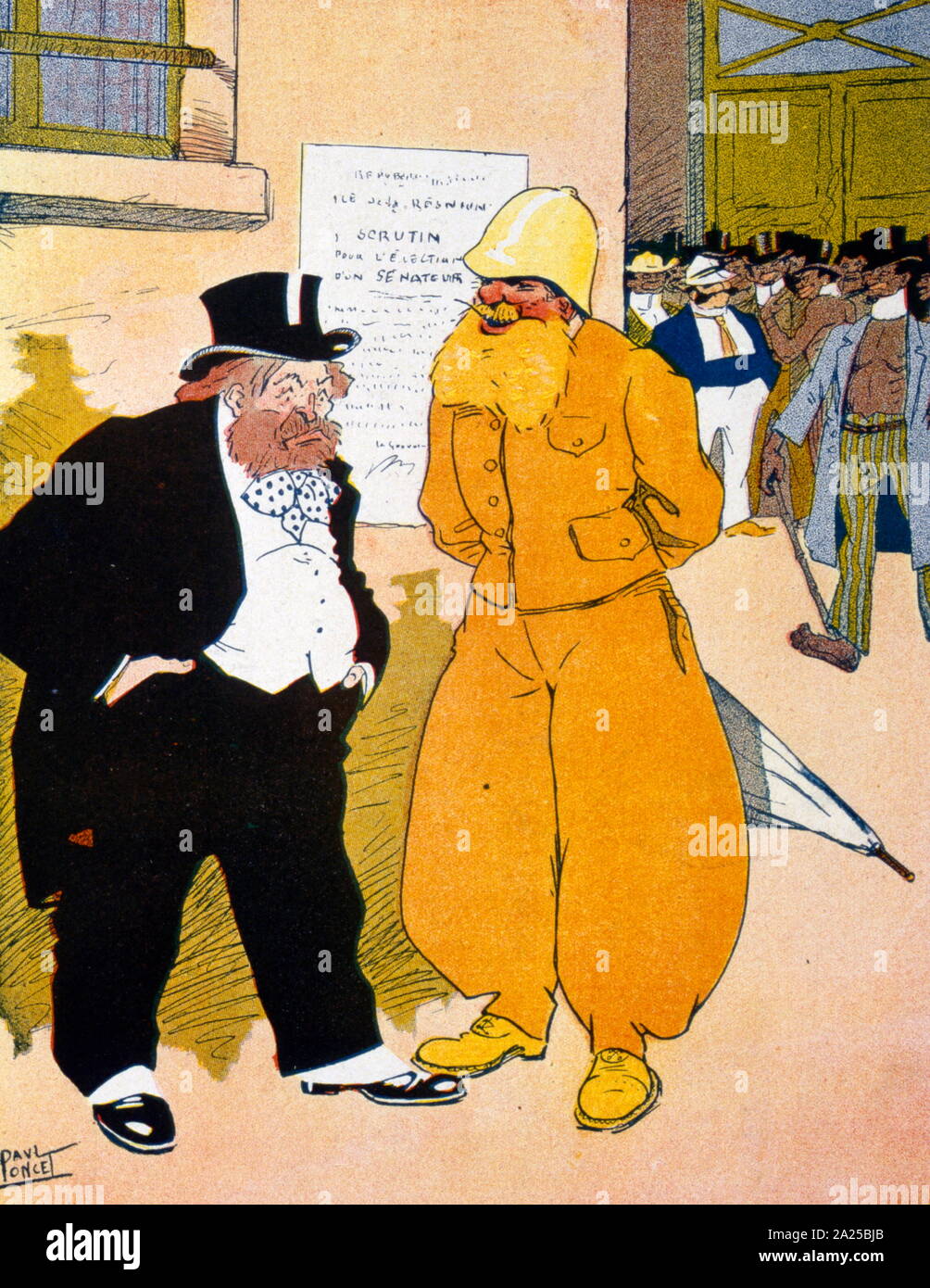 Französische satirische Abbildung, Darstellung einer kolonialen Wahlkampf in Französischen afrikanischen Gebiete 1907 Stockfoto