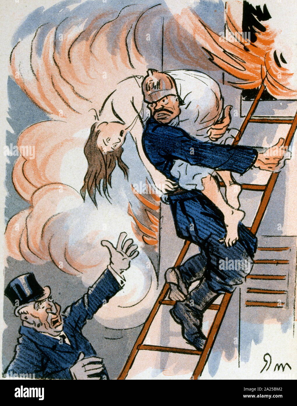 Französische satirische Abbildung, die eine Frau und Kind gerettet aus einem Brand Stockfoto