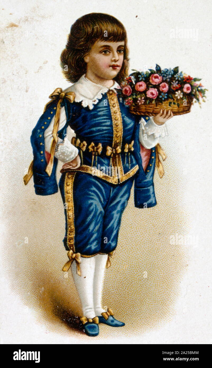 Französisch Abbildung: ein kleiner Junge mit einem Korb mit Blumen, 19. Jahrhundert Stockfoto