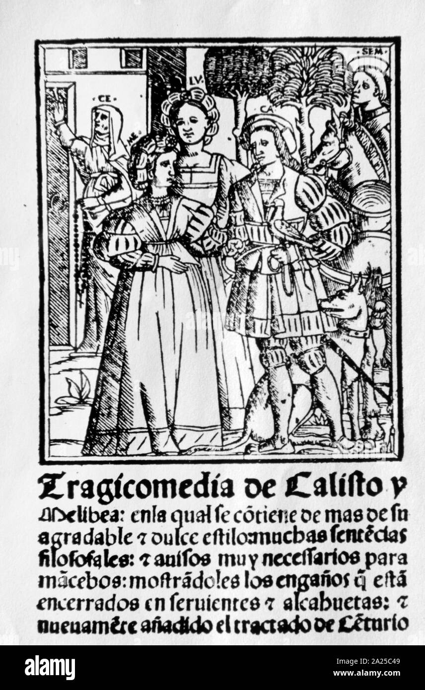 1523 Ausgabe des "Die Komödie der Calisto und Melibea' (Comedia de Calisto y Melibea), in Spanien bekannt als La Celestina ist ein Werk ganz im Dialog, im Jahr 1499 veröffentlicht. Es ist zurückzuführen auf Fernando de Rojas, ein Nachkomme von konvertierten Juden, die das Gesetz praktiziert und, später im Leben, als Stadtrat von Talavera de la Reina, ein wichtiges kommerzielles Zentrum in der Nähe von Toledo serviert. Das Buch gilt als eines der größten Werke der spanischen Literatur. Stockfoto