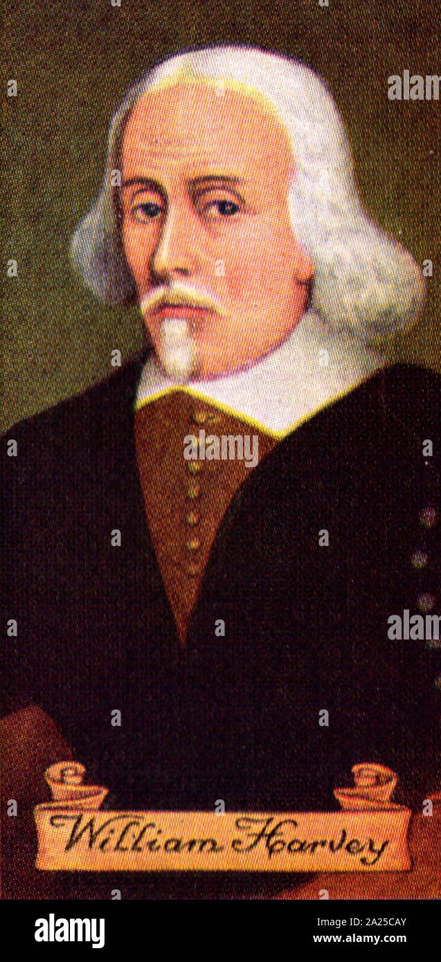 William Harvey (1578-1657), englischer Arzt, der wegweisenden Beiträge in der Anatomie und Physiologie. Er war der erste bekannte Arzt vollständig zu beschreiben, und im Detail, die in den systemischen Kreislauf und Eigenschaften von Blut zum Gehirn und Körper durch das Herz gepumpt wird. Carreras zigarette Karte Stockfoto