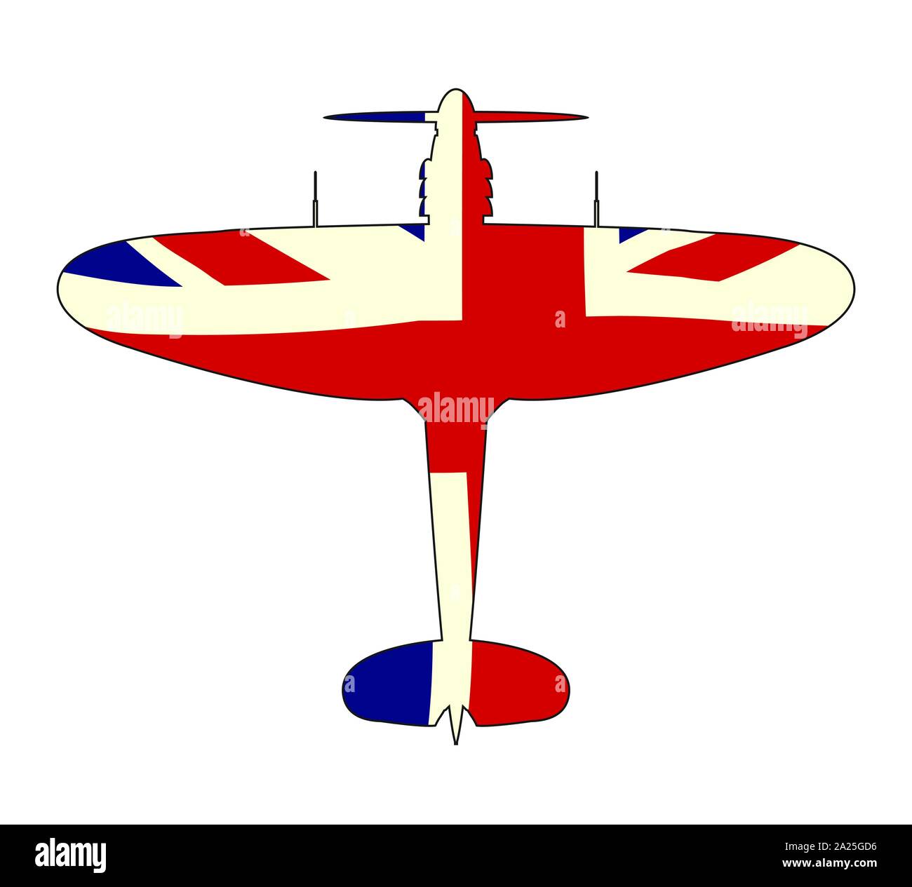Ein typisches WW2 British Jagdflugzeug mit Union Jack Flagge Silhouette auf weißem Hintergrund Stock Vektor