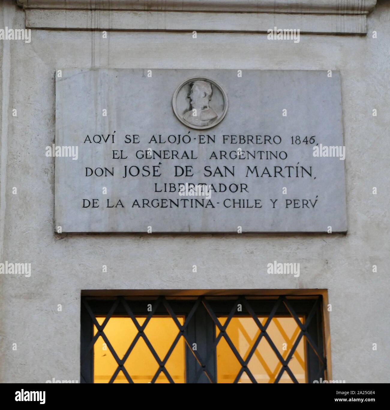 Gedenktafel zur Erinnerung an Jose de San Martin (1778-1850) eine Spanish-Argentine allgemein und der Prime Anführer der südlichen und zentralen Teilen von Südamerika der erfolgreiche Kampf für die Unabhängigkeit von der spanischen Reich, die als Beschützer von Peru serviert. Stockfoto