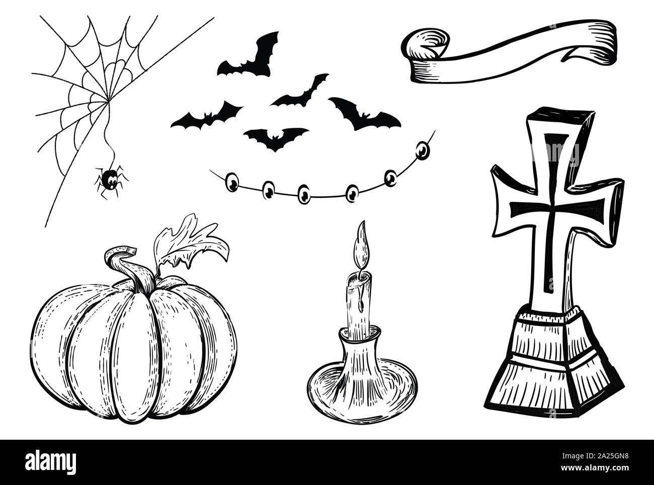 Halloween design Vorlage. Hand gezeichnet Design Element. Vintage Schwarz und Farbe vektor Gravur Abbildung. Halloween Symbole. Stock Vektor