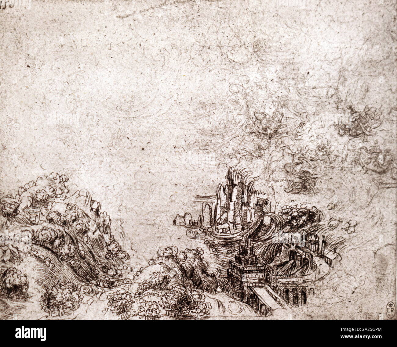 Sturm in einer geschlossenen Bucht von Leonardo da Vinci. Leonardo di ser Piero da Vinci (1452-1519), einem italienischen Universalgelehrten der Renaissance. Stockfoto