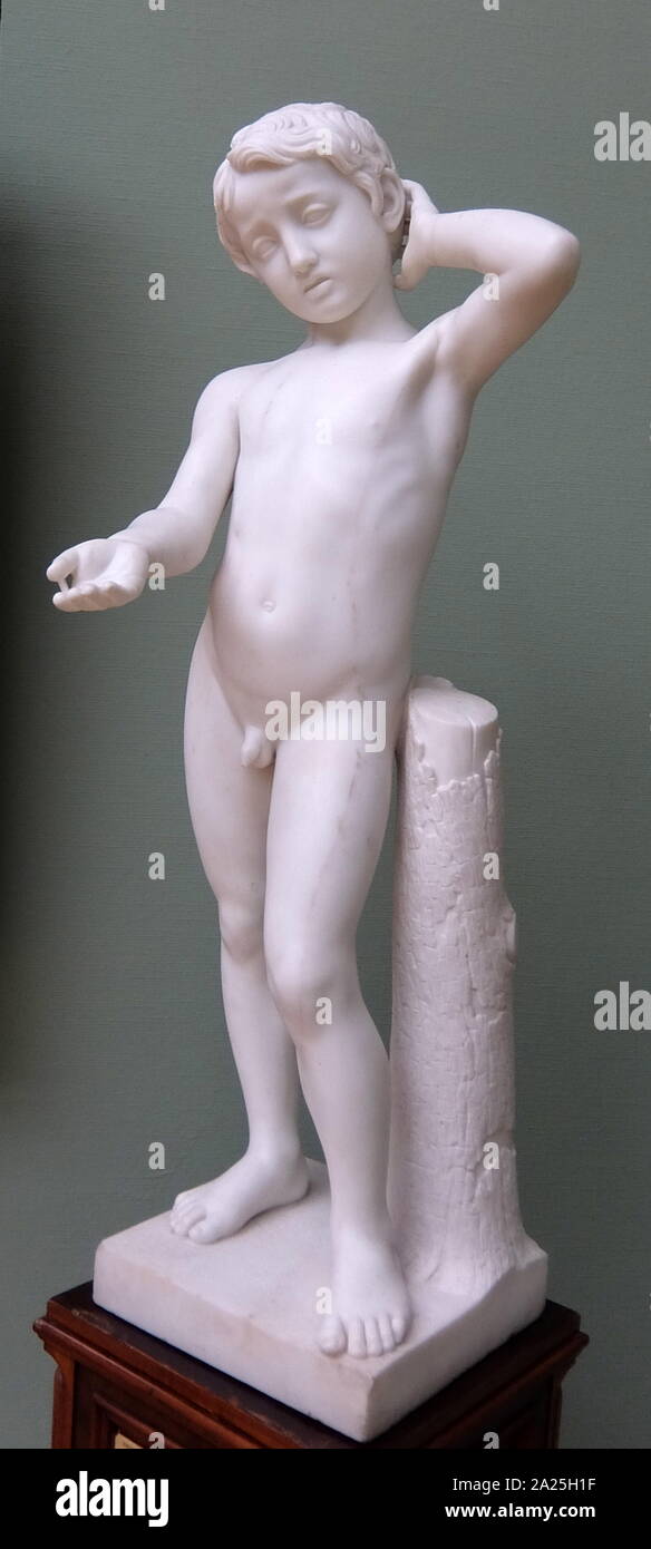 Marmor Skulptur mit dem Titel "Jungen betteln um Almosen' von Nikolaj Pimenov. Nikolay Pimenov (1812-1864) ein russischer Bildhauer. Stockfoto