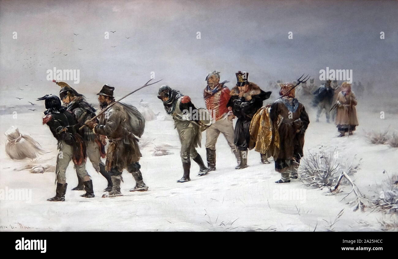 Gemälde mit dem Titel "Der Rückzug der französischen 1812' von Illarion Pryanishnikov. Illarion Michailowitsch Pryanishnikov (1840-1894) ein russischer Maler. Stockfoto
