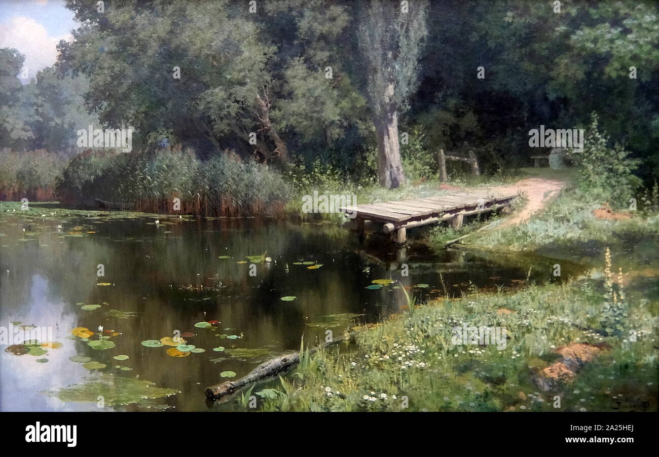 Gemälde mit dem Titel "Überwucherten Teich' von wassilij Polenov. Vasily Dmitrievich Polenov (d. 1927) ein russischer Landschaftsmaler. Stockfoto