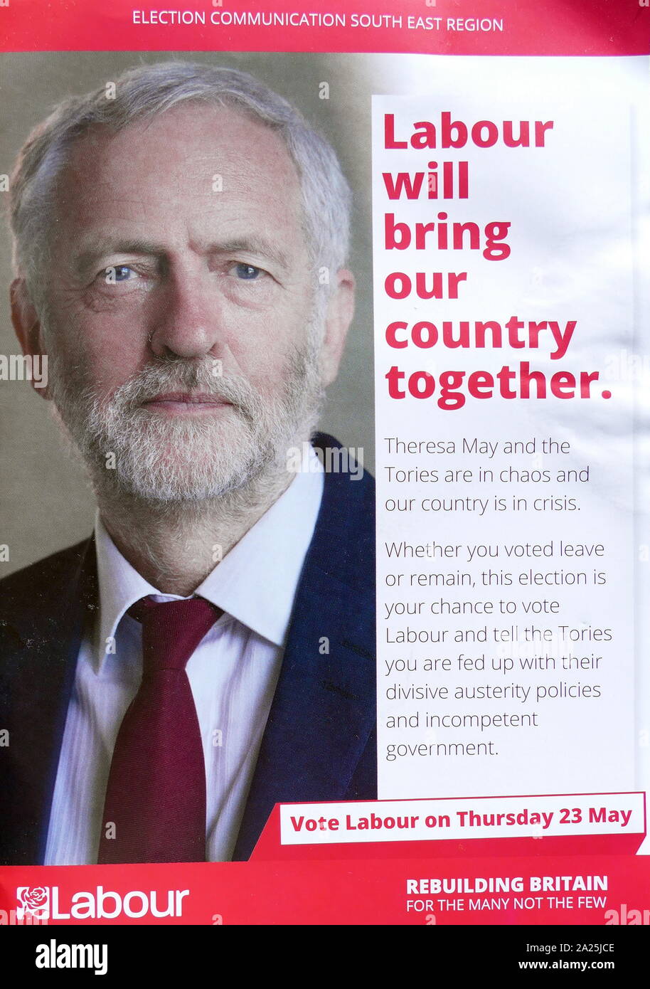 Jeremy Corbyn; Britischer Führer der Labour Party und Führer der Opposition seit 2015 erscheint auf einer Wahl Merkblatt für die Wahlen zum Europäischen Parlament im Mai 2019 Stockfoto