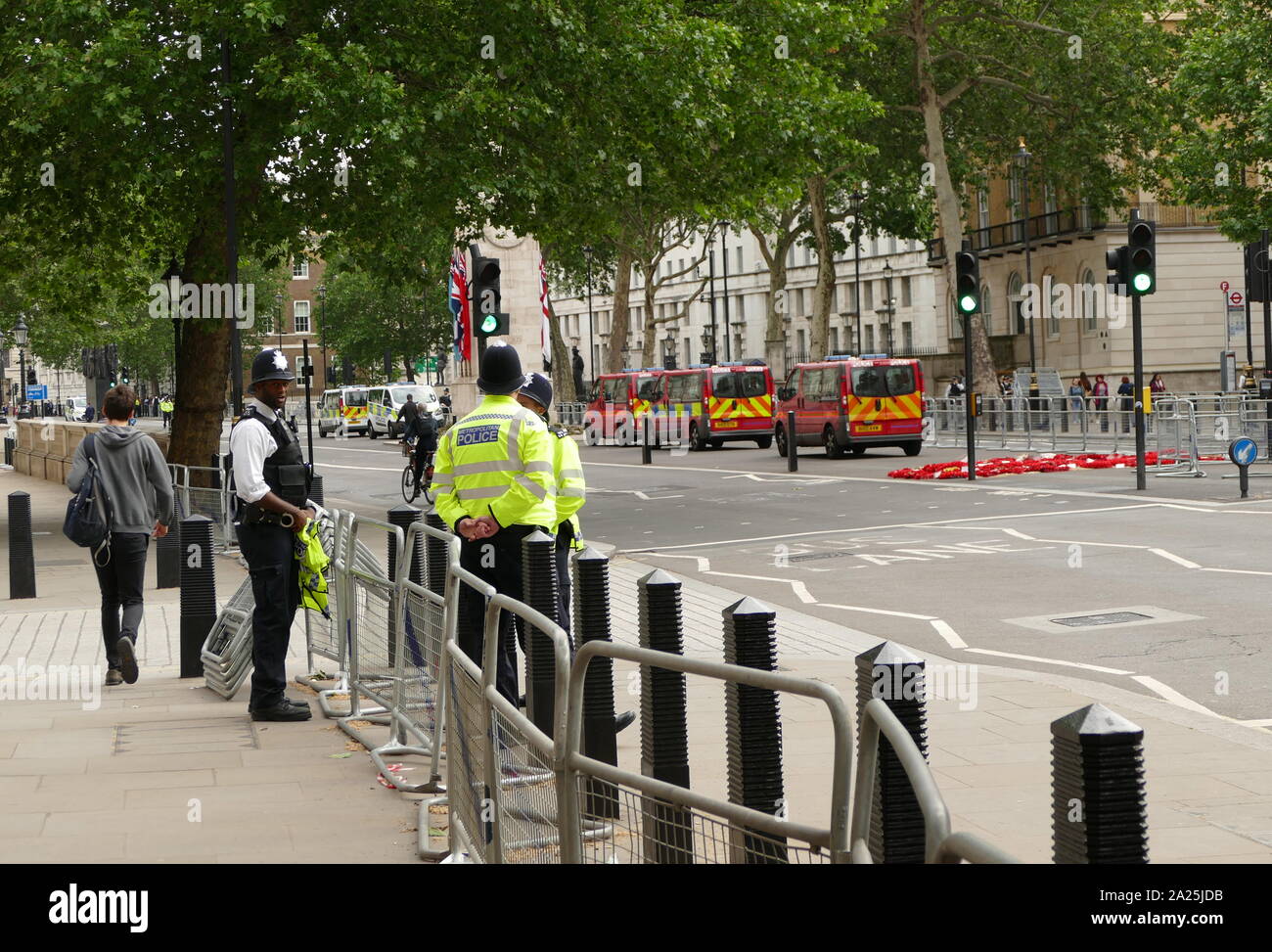 Die Mall auf dem Weg zum Buckingham Palace, London, die von der Polizei gesicherte Zugang für Proteste während des Staatsbesuchs von Präsident Donald Trump Juni 2019 zu verhindern. Stockfoto