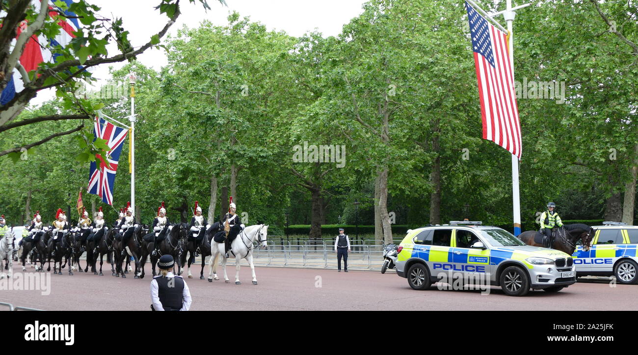 Auf der Mall auf dem Weg zum Buckingham Palace, London, die von der Polizei während der staatsbesuch gesichert für Präsident Donald Trump, Juni 2019 Stockfoto