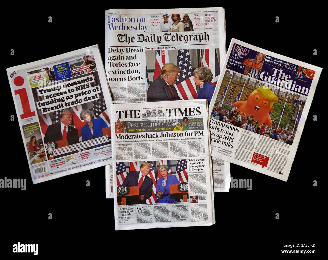 Medien vordere Seiten während der Staatsbesuch von US-Präsident Donald Trump nach Großbritannien; Juni 2019 Stockfoto