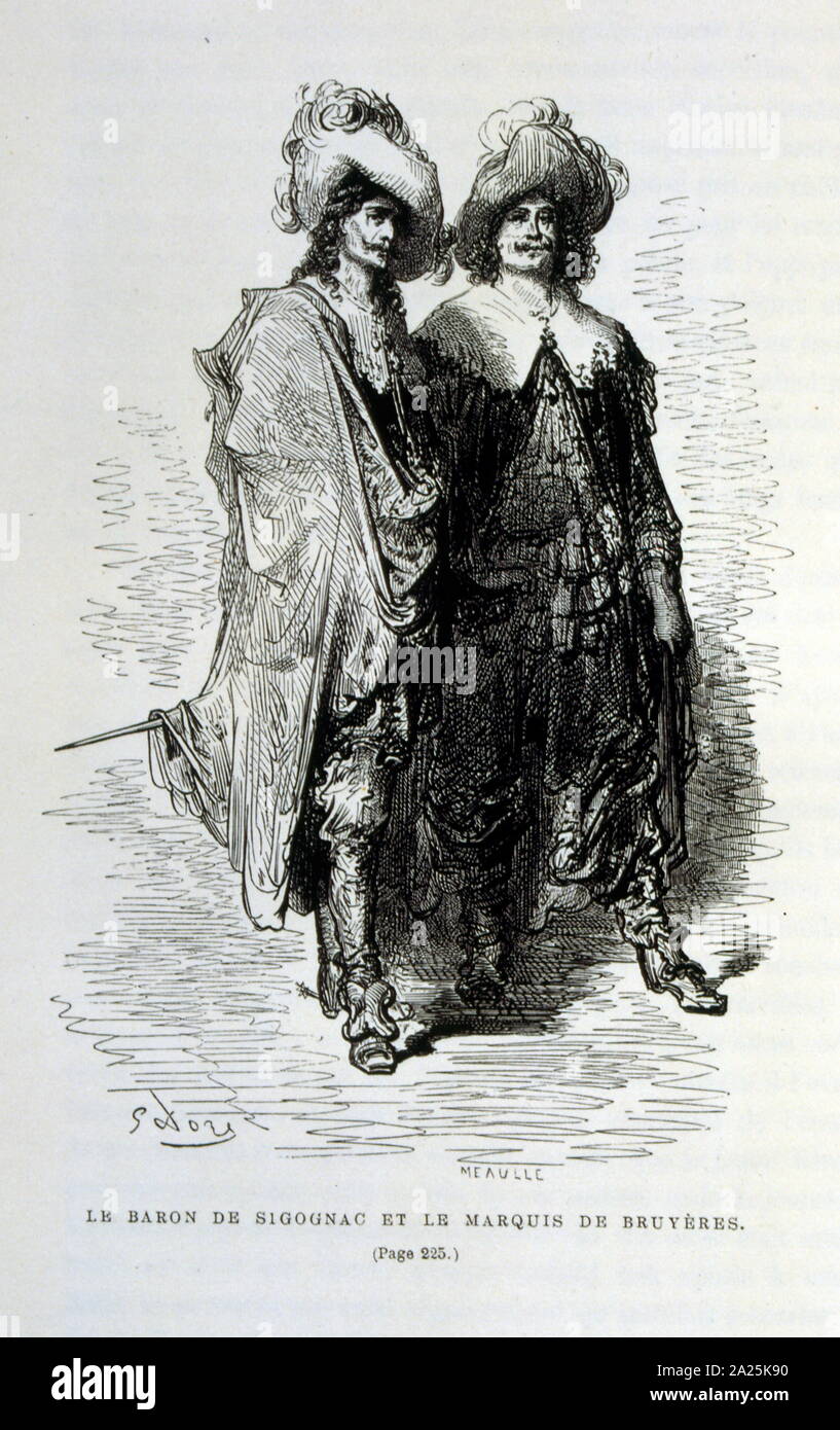 Illustrationen von Gustave Dore für "Le Capitaine Fracasse" von Pierre Théophile Gautier (1811-1872) französischer Schriftsteller, Dichter, Maler, Kunstkritiker. Gautier war ein Verteidiger der Romantik, Gautier Arbeit ist schwer zu klassifizieren und bleibt ein Bezugspunkt für viele spätere literarische Traditionen wie Parnassianism, Symbolik, der Dekadenz und der Moderne. Kapitän Fracasse (Le Capitaine Fracasse) ist ein Roman von 1863 der französische Schriftsteller Théophile Gautier. Es ist ein Abenteuer Roman im siebzehnten Jahrhundert. Stockfoto