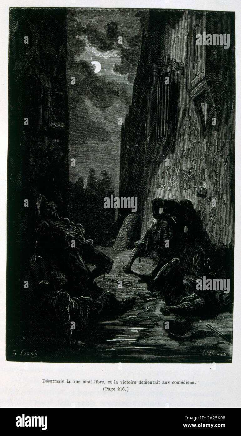 Illustrationen von Gustave Dore für "Le Capitaine Fracasse" von Pierre Théophile Gautier (1811-1872) französischer Schriftsteller, Dichter, Maler, Kunstkritiker. Gautier war ein Verteidiger der Romantik, Gautier Arbeit ist schwer zu klassifizieren und bleibt ein Bezugspunkt für viele spätere literarische Traditionen wie Parnassianism, Symbolik, der Dekadenz und der Moderne. Kapitän Fracasse (Le Capitaine Fracasse) ist ein Roman von 1863 der französische Schriftsteller Théophile Gautier. Es ist ein Abenteuer Roman im siebzehnten Jahrhundert. Stockfoto