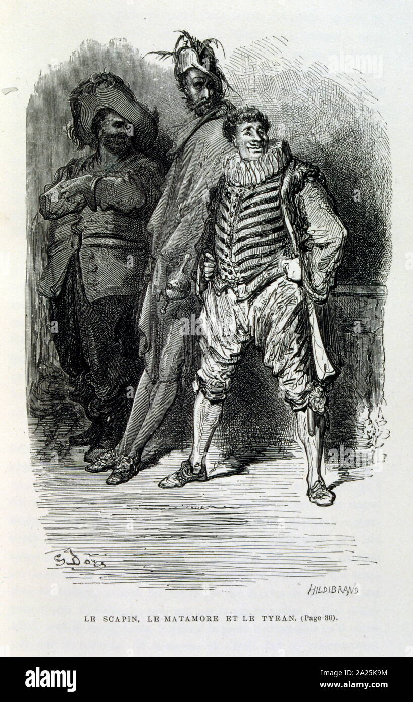 Illustrationen von Gustave Dore für "Le Capitaine Fracasse" von Pierre Théophile Gautier (1811-1872) französischer Schriftsteller, Dichter, Maler, Kunstkritiker. Gautier war ein Verteidiger der Romantik, Gautier Arbeit ist schwer zu klassifizieren und bleibt ein Bezugspunkt für viele spätere literarische Traditionen wie Parnassianism, Symbolik, der Dekadenz und der Moderne. Kapitän Fracasse (Le Capitaine Fracasse) ist ein Roman von 1863 der französische Schriftsteller Théophile Gautier. Es ist ein Abenteuer Roman im siebzehnten Jahrhundert. Stockfoto