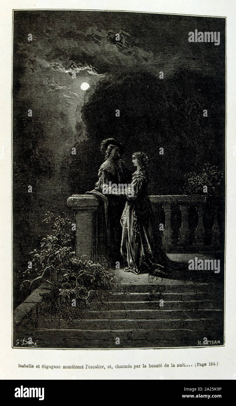 Illustrationen von Gustave Dore für "Le Capitaine Fracasse" von Pierre Théophile Gautier (1811-1872) französischer Schriftsteller, Dichter, Maler, Kunstkritiker. Gautier war ein Verteidiger der Romantik, Gautier Arbeit ist schwer zu klassifizieren und bleibt ein Bezugspunkt für viele spätere literarische Traditionen wie Parnassianism, Symbolik, der Dekadenz und der Moderne. Kapitän Fracasse (Le Capitaine Fracasse) ist ein Roman von 1863 der französische Schriftsteller Théophile Gautier. Es ist ein Abenteuer Roman im siebzehnten Jahrhundert. Stockfoto