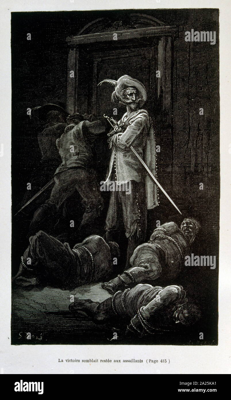 Illustrationen von Gustave Dore für "Le Capitaine Fracasse" von Pierre Théophile Gautier (1811-1872) französischer Schriftsteller, Dichter, Maler, Kunstkritiker. Gautier war ein Verteidiger der Romantik, Gautier Arbeit ist schwer zu klassifizieren und bleibt ein Bezugspunkt für viele spätere literarische Traditionen wie Parnassianism, Symbolik, der Dekadenz und der Moderne. Kapitän Fracasse (Le Capitaine Fracasse) ist ein Roman von 1863 der französische Schriftsteller Théophile Gautier. Es ist ein Abenteuer Roman im siebzehnten Jahrhundert. Stockfoto