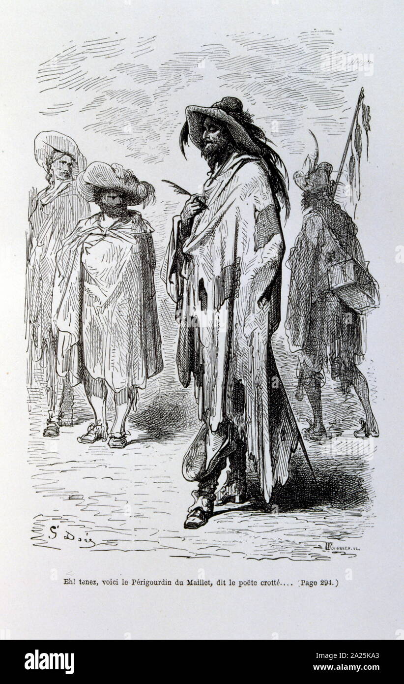 Illustrationen von Gustave Dore für "Le Capitaine Fracasse" von Pierre Théophile Gautier (1811-1872) französischer Schriftsteller, Dichter, Maler, Kunstkritiker. Gautier war ein Verteidiger der Romantik, Gautier Arbeit ist schwer zu klassifizieren und bleibt ein Bezugspunkt für viele spätere literarische Traditionen wie Parnassianism, Symbolik, der Dekadenz und der Moderne. Kapitän Fracasse (Le Capitaine Fracasse) ist ein Roman von 1863 der französische Schriftsteller Théophile Gautier. Es ist ein Abenteuer Roman im siebzehnten Jahrhundert. Stockfoto