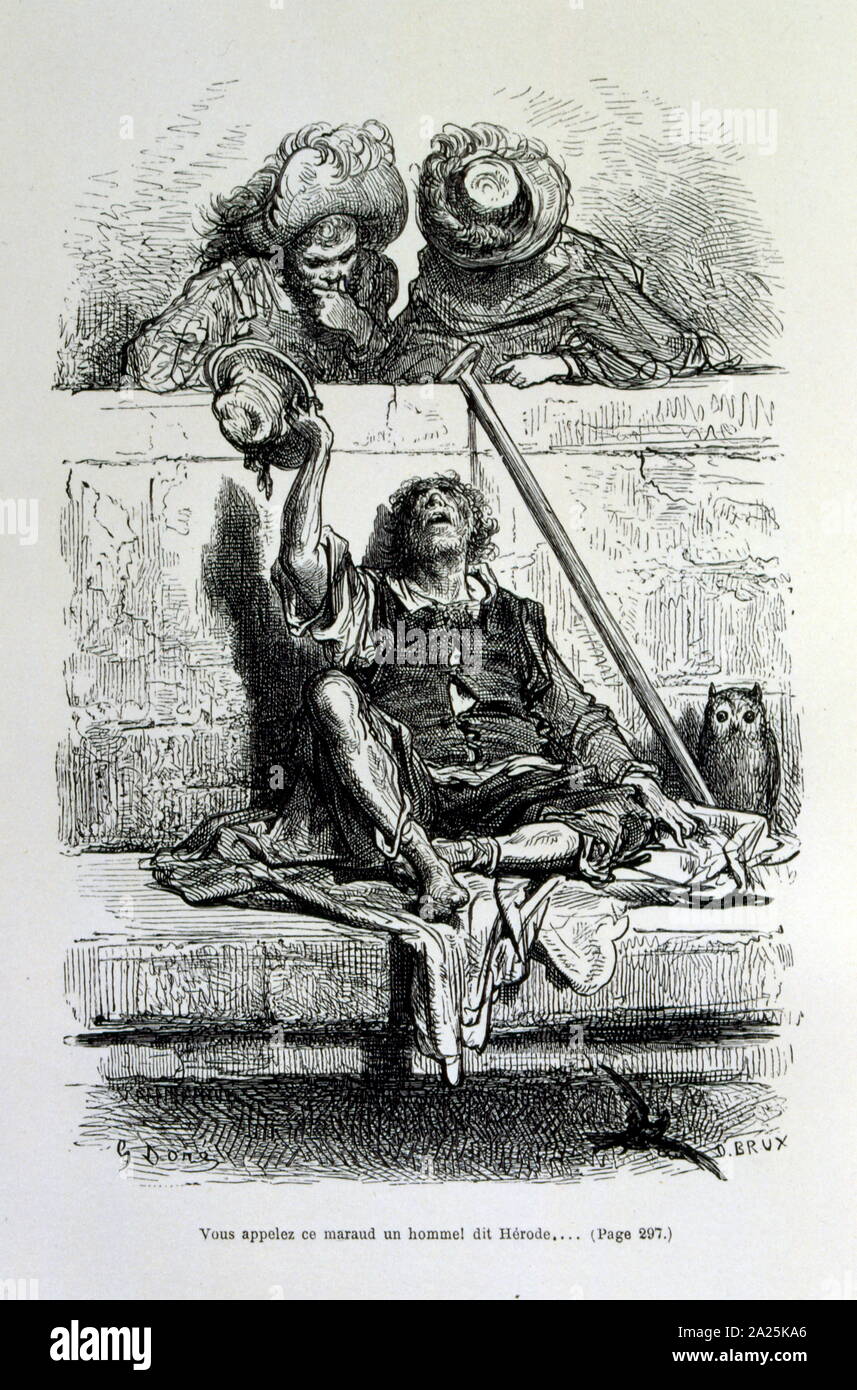 Illustrationen von Gustave Dore für "Le Capitaine Fracasse" von Pierre Théophile Gautier (1811-1872) französischer Schriftsteller, Dichter, Maler, Kunstkritiker. Gautier war ein Verteidiger der Romantik, Gautier Arbeit ist schwer zu klassifizieren und bleibt ein Bezugspunkt für viele spätere literarische Traditionen wie Parnassianism, Symbolik, der Dekadenz und der Moderne. Kapitän Fracasse (Le Capitaine Fracasse) ist ein Roman von 1863 der französische Schriftsteller Théophile Gautier. Es ist ein Abenteuer Roman im siebzehnten Jahrhundert. Stockfoto