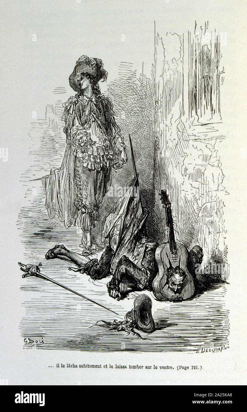 Illustrationen von Gustave Dore für "Le Capitaine Fracasse" von Pierre Théophile Gautier (1811-1872) französischer Schriftsteller, Dichter, Maler, Kunstkritiker. Gautier war ein Verteidiger der Romantik, Gautier Arbeit ist schwer zu klassifizieren und bleibt ein Bezugspunkt für viele spätere literarische Traditionen wie Parnassianism, Symbolik, der Dekadenz und der Moderne. Kapitän Fracasse (Le Capitaine Fracasse) ist ein Roman von 1863 der französische Schriftsteller Théophile Gautier. Es ist ein Abenteuer Roman im siebzehnten Jahrhundert. Stockfoto