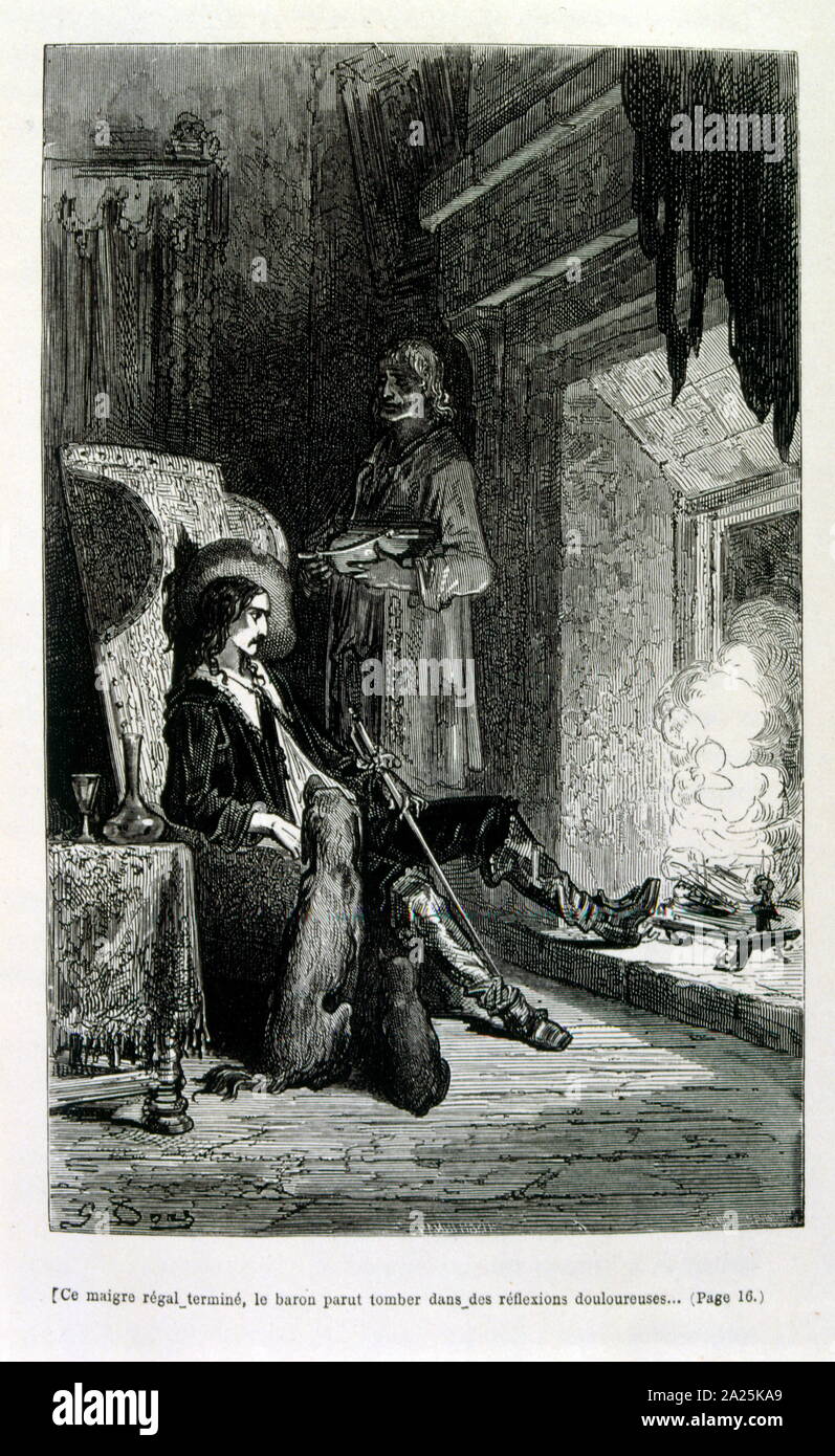 Illustrationen von Gustave Dore für "Le Capitaine Fracasse" von Pierre Théophile Gautier (1811-1872) französischer Schriftsteller, Dichter, Maler, Kunstkritiker. Gautier war ein Verteidiger der Romantik, Gautier Arbeit ist schwer zu klassifizieren und bleibt ein Bezugspunkt für viele spätere literarische Traditionen wie Parnassianism, Symbolik, der Dekadenz und der Moderne. Kapitän Fracasse (Le Capitaine Fracasse) ist ein Roman von 1863 der französische Schriftsteller Théophile Gautier. Es ist ein Abenteuer Roman im siebzehnten Jahrhundert. Stockfoto