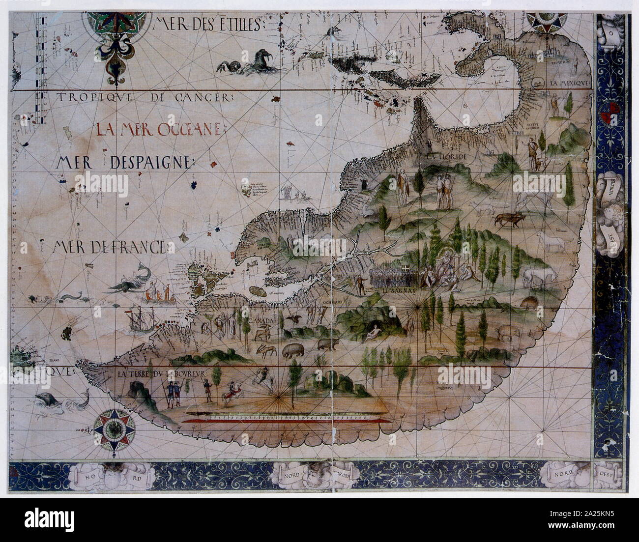 Karte von Kanada 1546 von Pierre Desceliers, (Fl. 1537 - 1553) war ein französischer Kartograph der Renaissance und ein herausragendes Mitglied der Dieppe Schule der Kartographie. Er gilt als der Vater der französischen Flüsse. Stockfoto