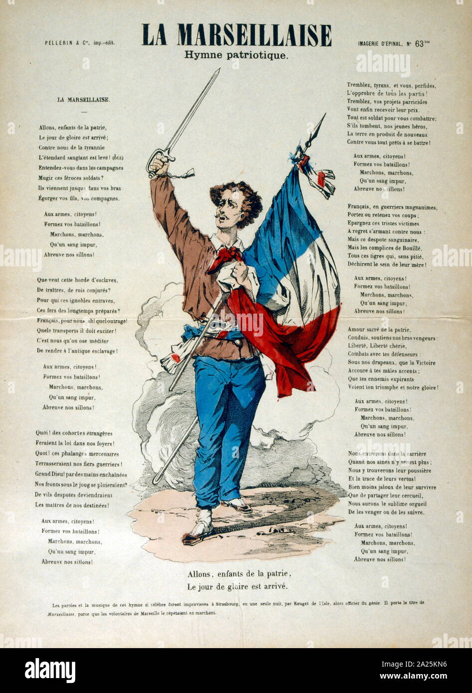 Französische revolutionäre Abbildung und Wörter für 'La Marseillaise' 1795 Stockfoto