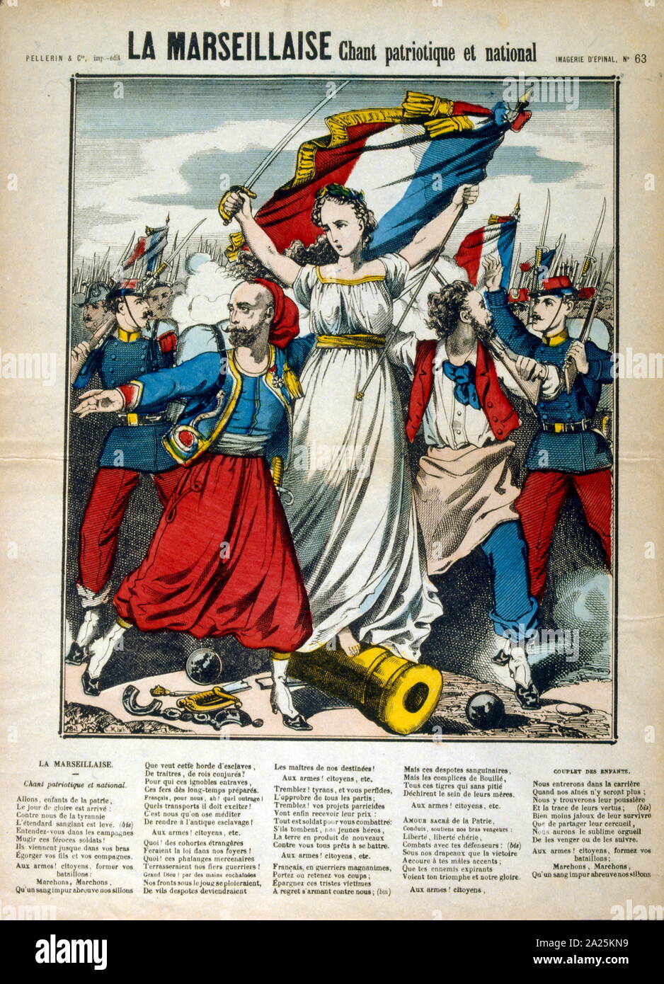 Französische revolutionäre Abbildung und Wörter für 'La Marseillaise' 1848 Stockfoto