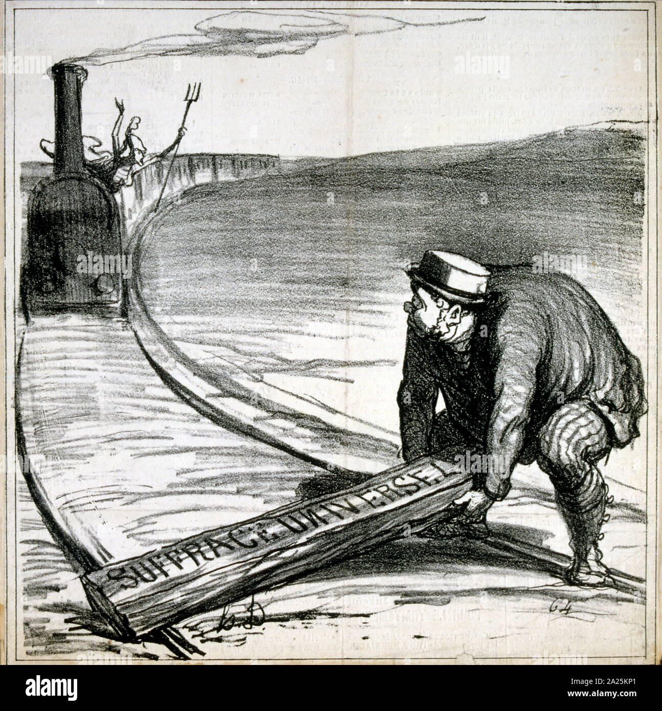 Französisch Abbildung: Darstellung einer Kämpferin für das allgemeine Wahlrecht sabotieren eine Bahn. Ca. 1840 Stockfoto