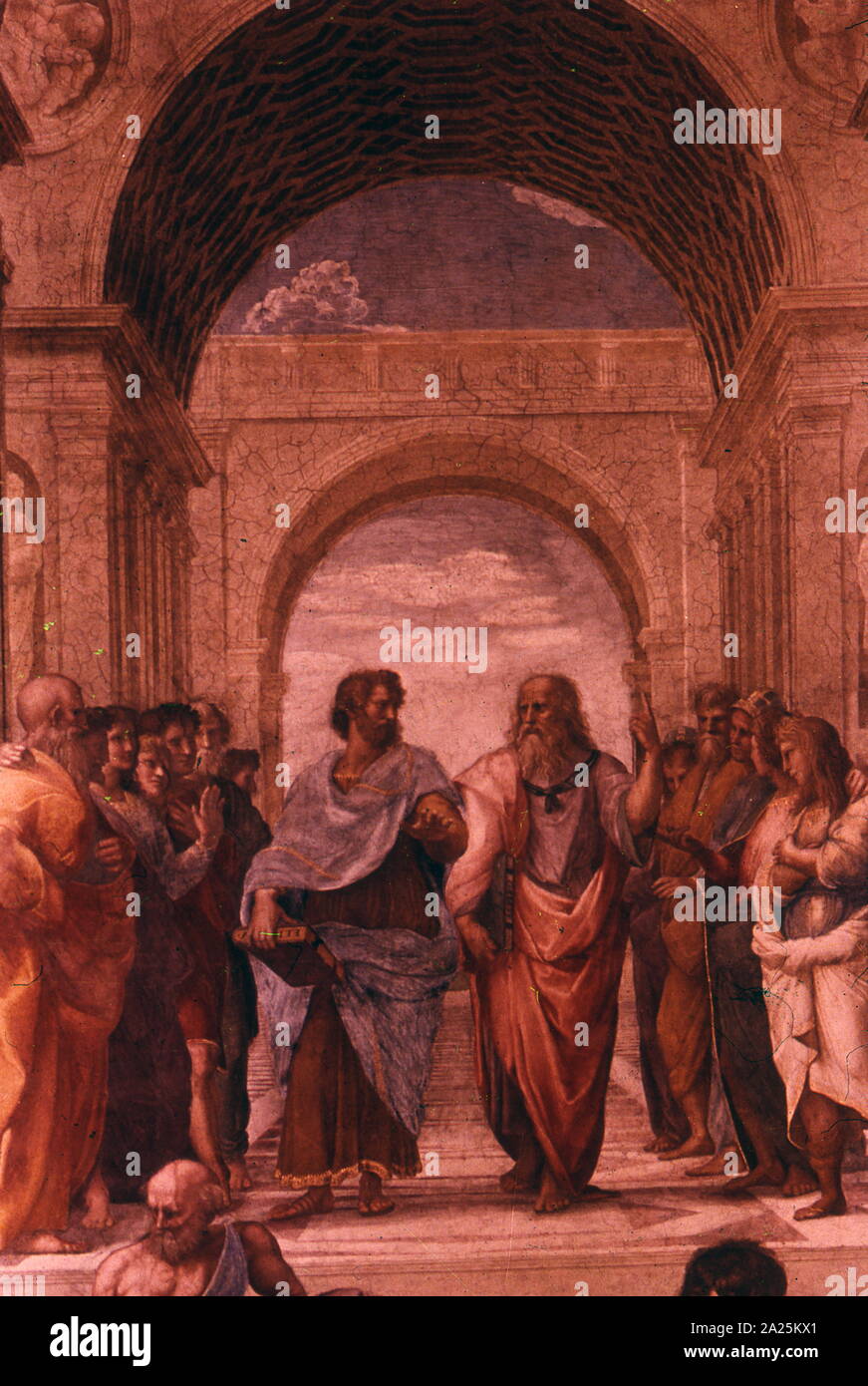 Detail zeigen Plato oder Leonardo da Vinci, (links) und Aristoteles oder Michelangelo (Rechts), von der "Schule von Athen" von Raffael Stockfoto