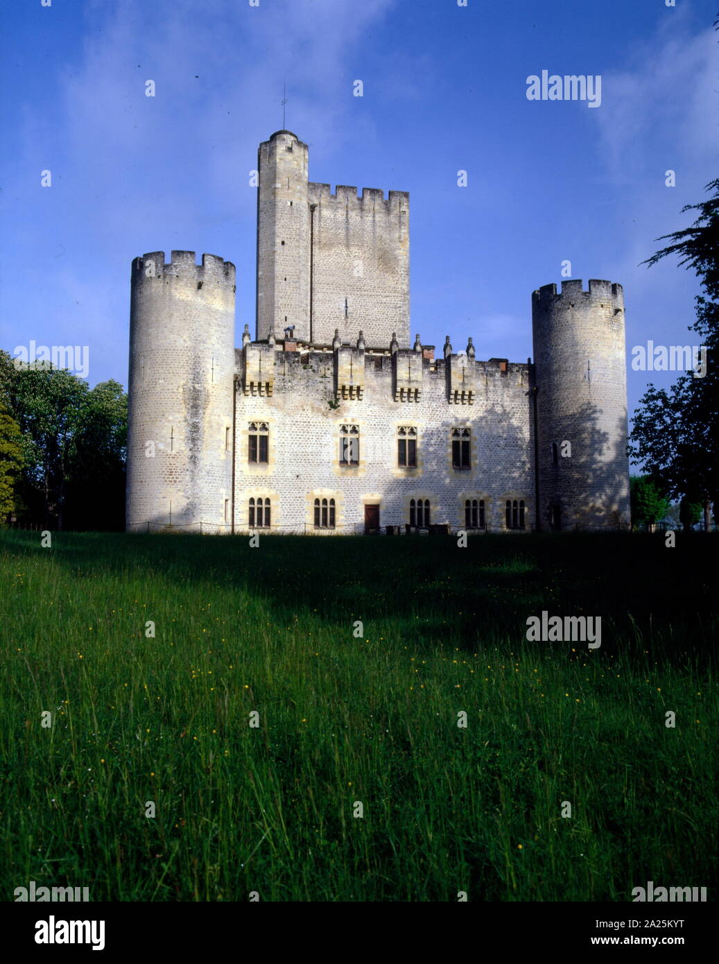 Die mittelalterlichen Château de Roquetaillade; ein Schloss in der Nähe von Mazères (Bordeaux), Frankreich. Im Jahre 1306, mit Erlaubnis der englische König Edward I, Kardinal de La Mothe, Neffe von Papst Clemens V. baute eine zweite Festung (le Château Neuf). Das Neue Schloss war Platz im Plan mit sechs Türmen und einem zentralen halten. Stockfoto