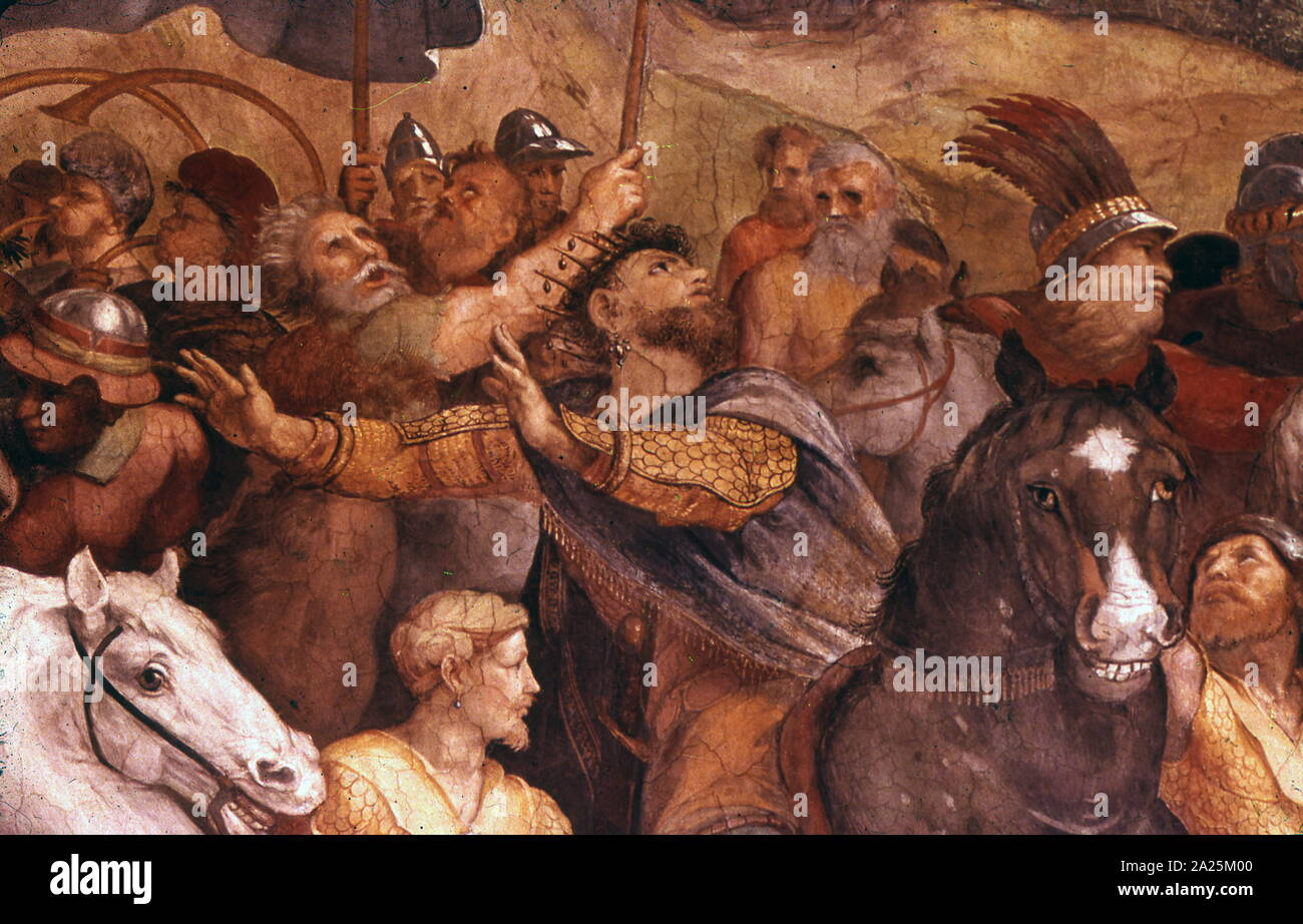 Ausschnitt aus "Die Konferenz von Leo der Große und Attila', 1514. von Raffael und Giulio Romano. Stockfoto