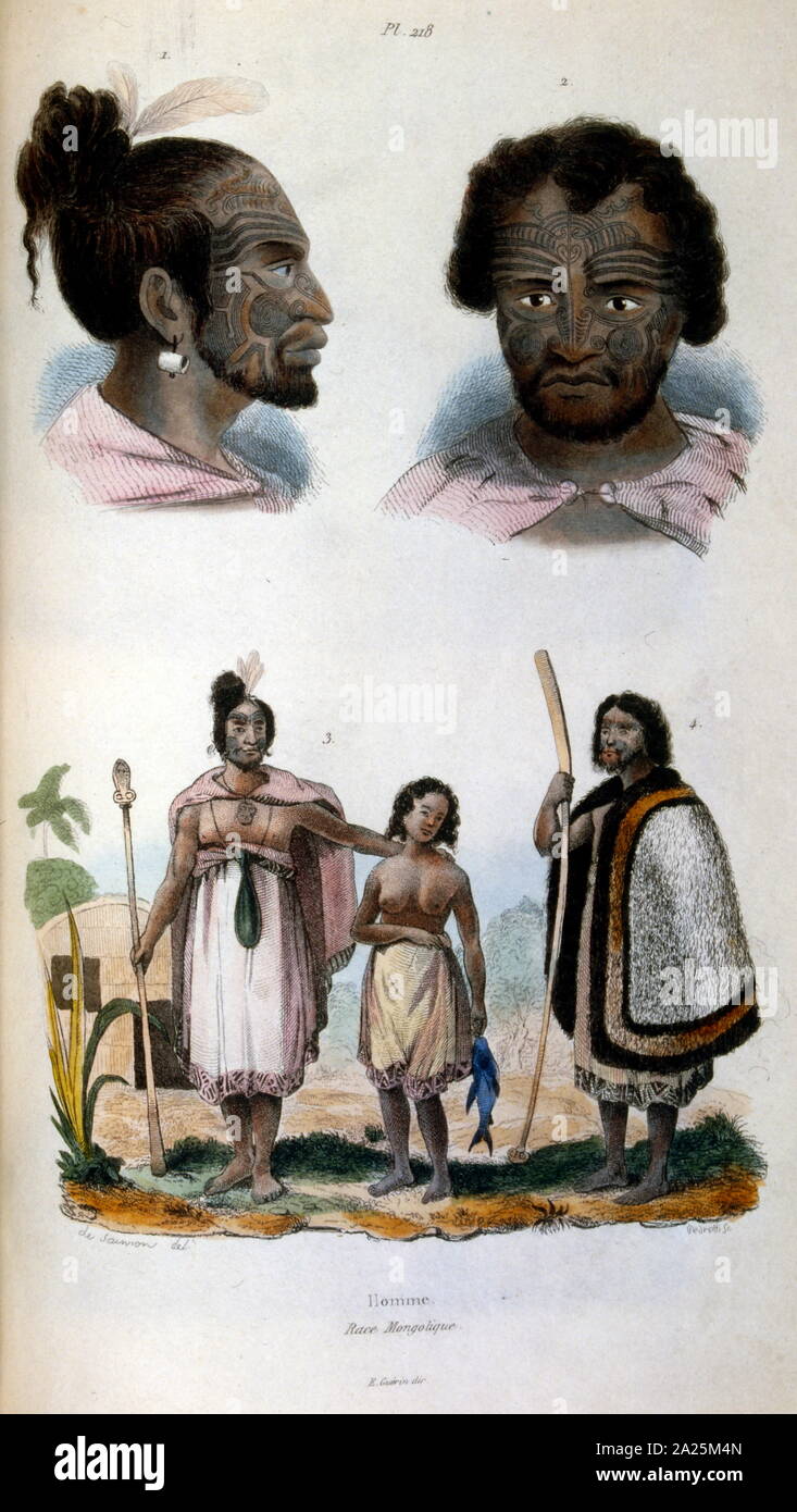 Anthropologische Abbildung: Darstellung der Maori Rasse; durch F.E. Guérin. Von Wörterbuch pittoresque d'histoire naturelle et des phénomènes de la Nature - 1833/1834 Stockfoto