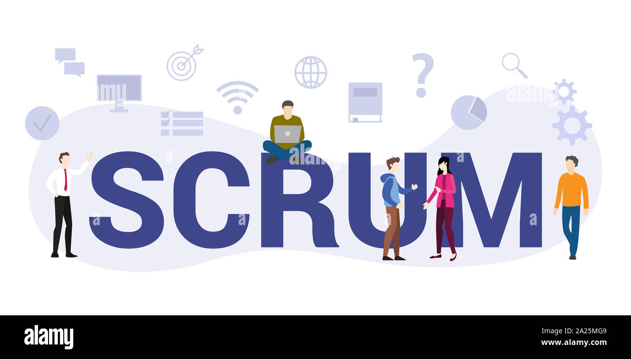Scrum workflow Methodik Konzept mit großen Word oder Text und Team Menschen mit modernen Flat Style-Vector Illustration Stockfoto