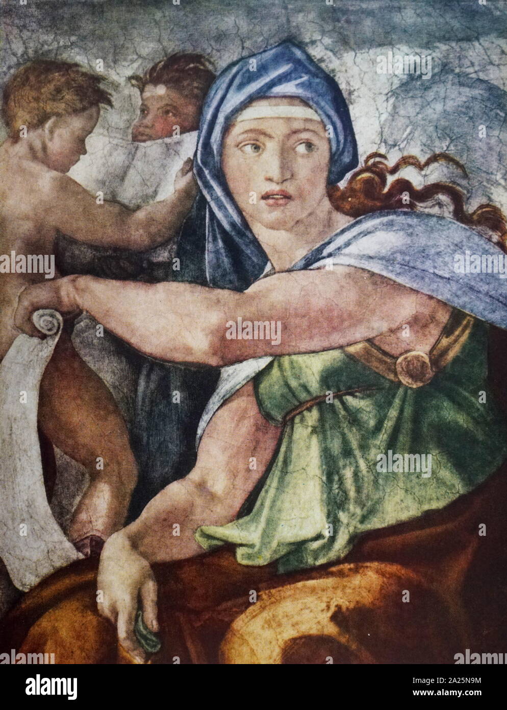 Von der Sixtinischen Kapelle "Delphic Sibyl ' Detail von Michelangelo. Michelangelo di Lodovico Buonarroti Simoni (1475-1564) ein italienischer Bildhauer, Maler, Architekt und Dichter der Renaissance. Stockfoto