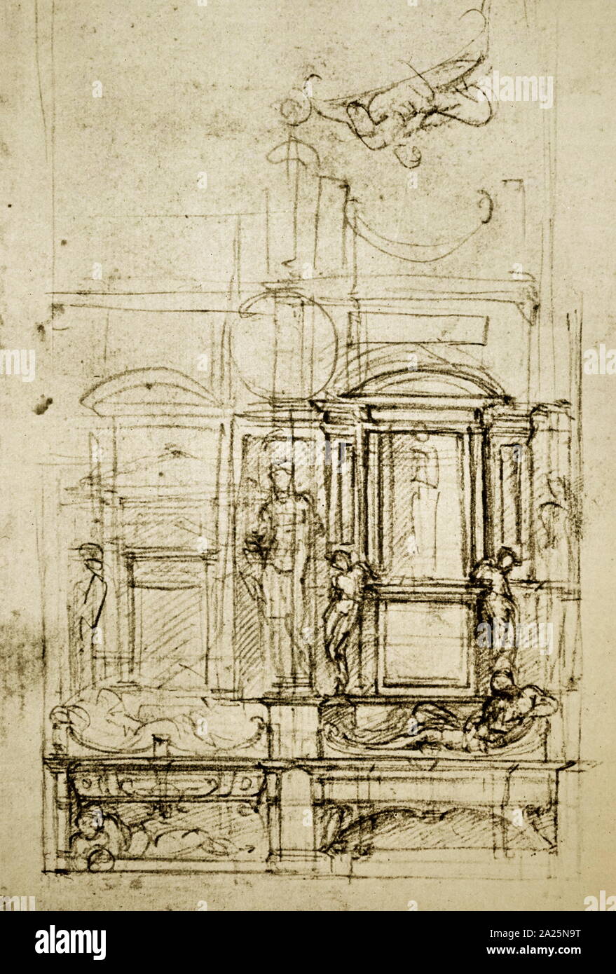 Skizze von Michelangelo. Michelangelo di Lodovico Buonarroti Simoni (1475-1564) ein italienischer Bildhauer, Maler, Architekt und Dichter der Renaissance. Stockfoto