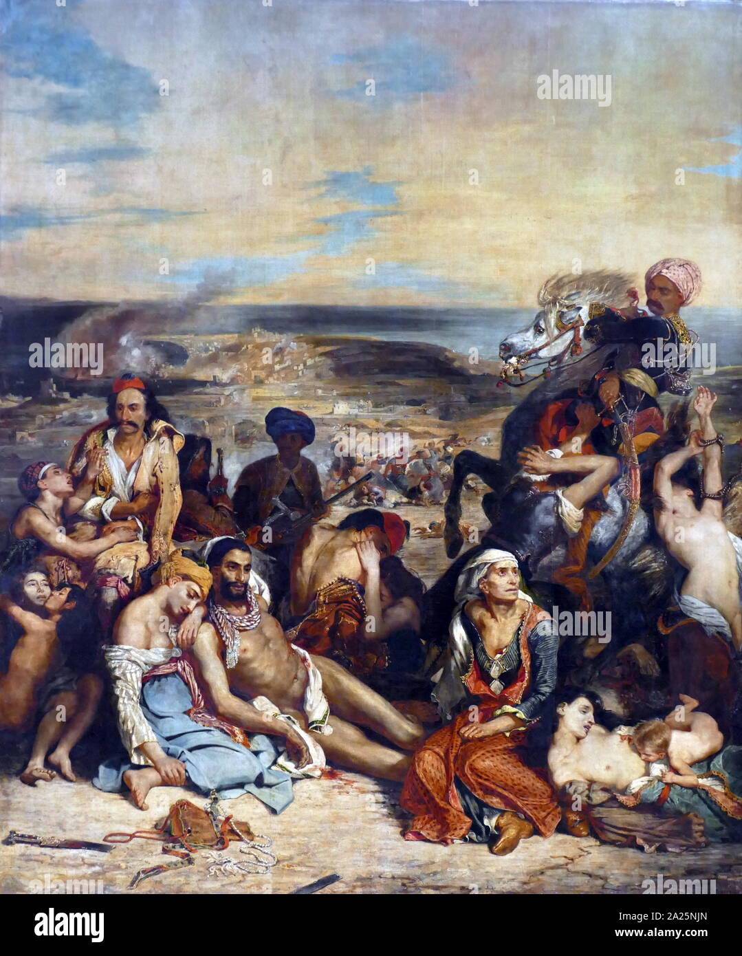 Gemälde mit dem Titel "Das Massaker von Chios" von Eugene Delacroix. Eugene Delacroix (1798-1863), einem französischen romantischen Künstler. Stockfoto