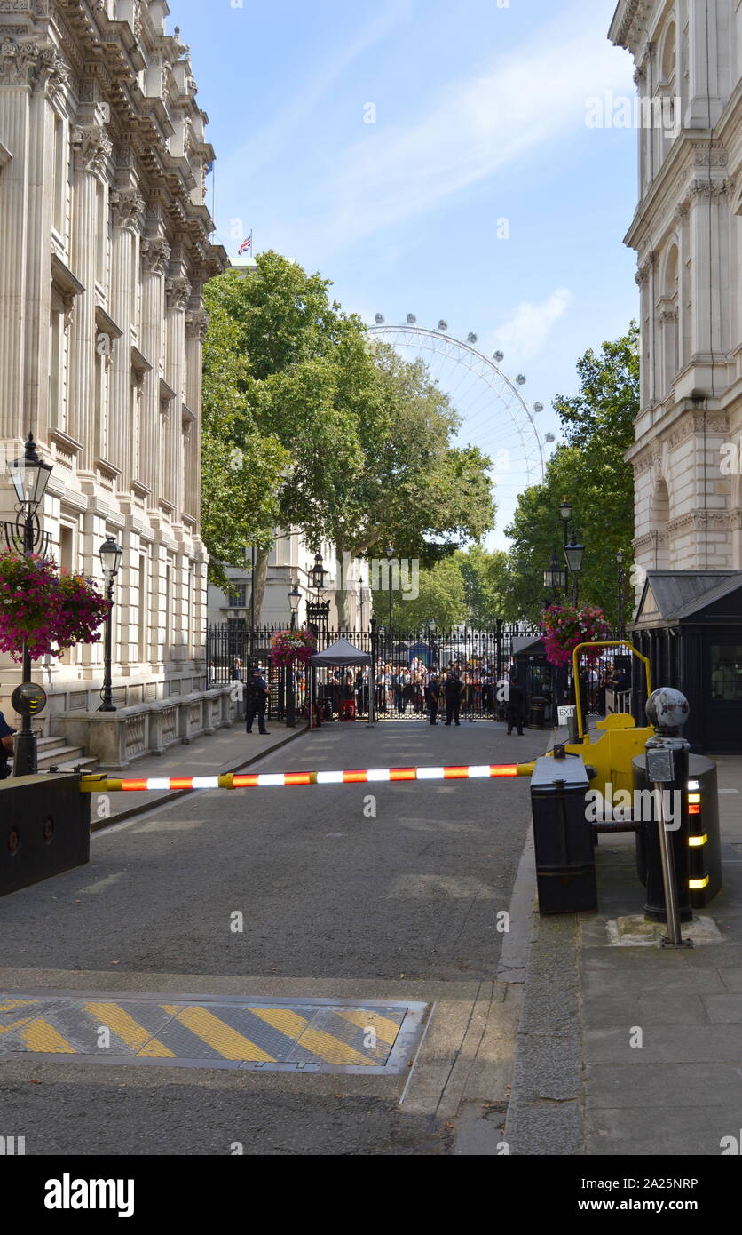 Demonstrationen außerhalb der Downing Street, London, nach der die Ankunft von eingehenden neuen Premierminister, Boris Johnson. Downing Street ist die offizielle Wohnsitze und Büros der Premierminister des Vereinigten Königreichs und des Schatzkanzlers. an der Whitehall, wenige Gehminuten von den Häusern des Parlaments, die Downing Street wurde in den 1680er Jahren von Sir George Downing gebaut. Stockfoto