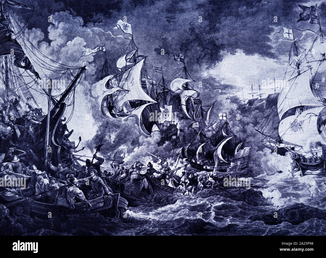 Gravur Darstellung, spanisch Schatz galeonen von englischen Piraten überfallen, ca. 1580 Stockfoto