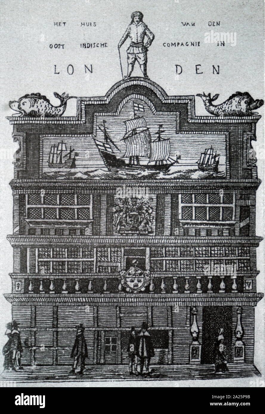 Holzschnitt Kupferstich mit der Darstellung der Muttergesellschaft der East India Company Stockfoto