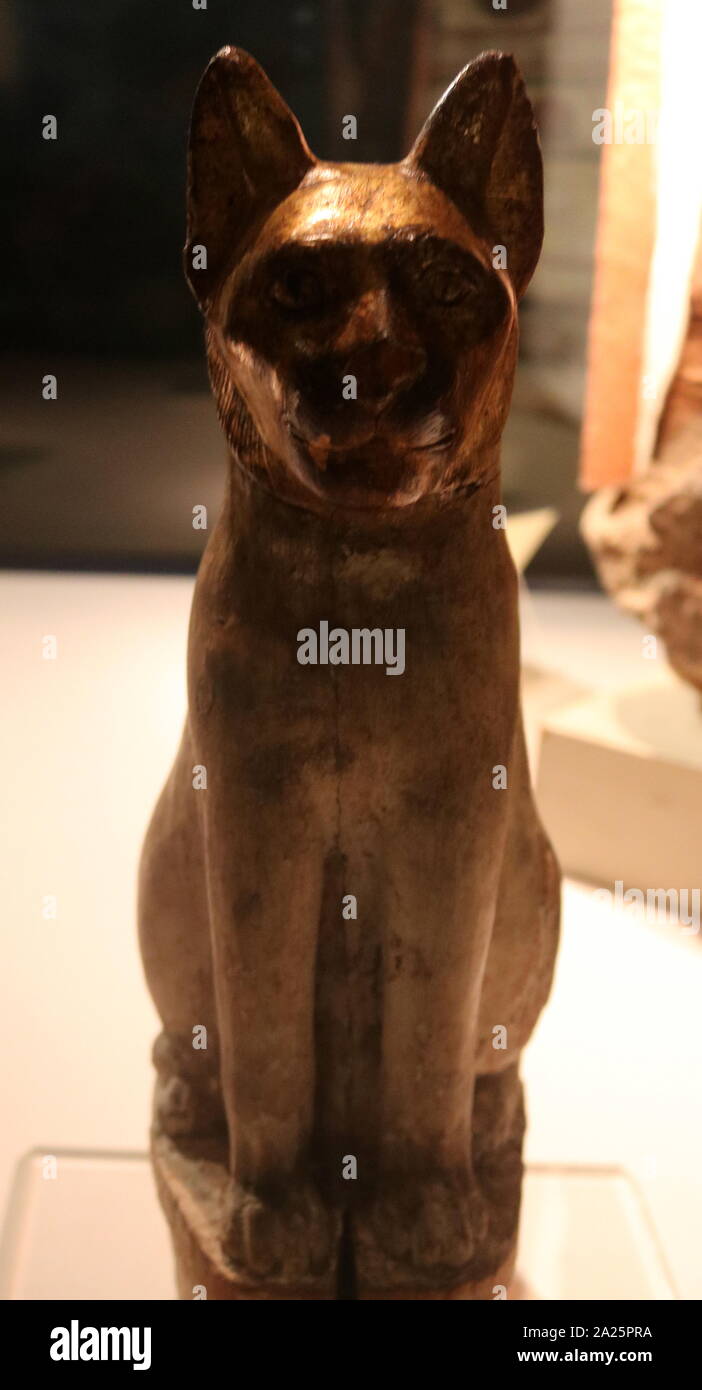 Vergoldete hölzerne Statue der Göttin Bastet Katze von Gurna in Ägypten. Ende der Zeit ca. 400 v. Chr. Stockfoto