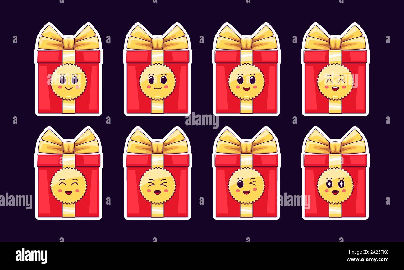 Cartoon Kawaii roter Geschenkbox, Weihnachten Sticker Set. Neues Jahr und Weihnachten Sammlung von süßen Geschenk mit goldenen Bogen, verschiedene Gefühle. Festliche Charakter w Stock Vektor