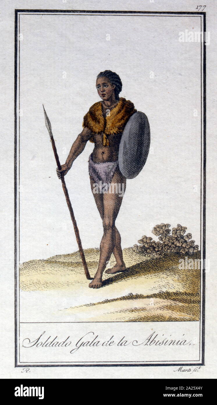 Abessinier (Äthiopier) Soldat mit Speer und Schild. Abbildung. 1860 Stockfoto