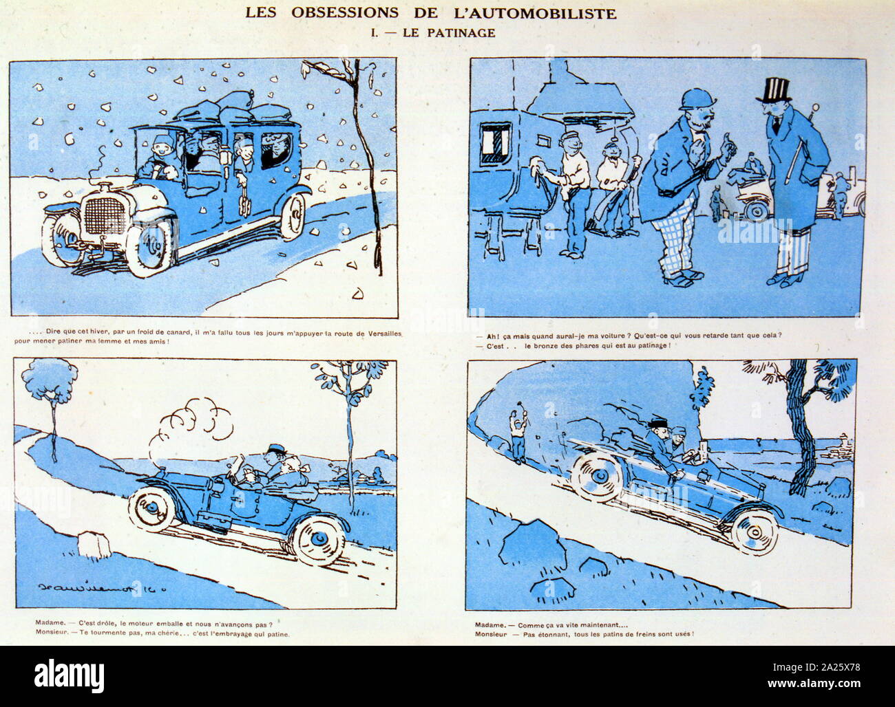 Serie von Cartoons auf Besessenheit mit dem Fahren von Automobilen. Von Jean Villemot in Omnia Magazin 1914 Stockfoto