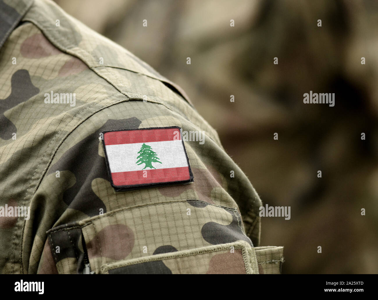 Flagge Libanon auf militärischen Uniform (Collage). Stockfoto