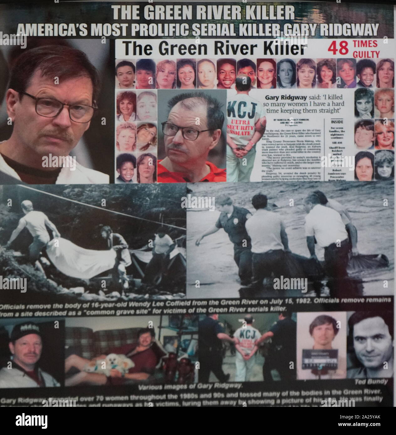 Montage von Bildern und Zeitungen von Gary Ridgway (der Green River Killer). Gary Leon Ridgway (1949 -) ein US-amerikanischer Serienmörder, der von 48 separaten Morde überführt wurde. Stockfoto