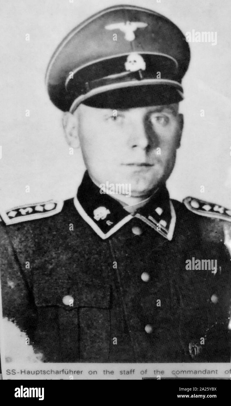 Ein Foto von einem SS-Offizier Hauptscharfuhrer. Die SS-Hauptscharfuhrer war der höchste Rang der Unteroffiziere der SS bis 1938 Stockfoto