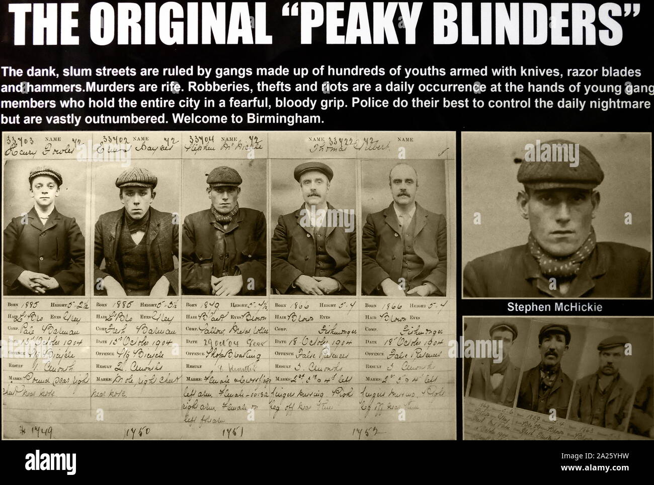 Fahndungsfotos von einigen prominenten Mitgliedern der Spitzer Scheuklappen eine kriminelle Bande in Birmingham während des Ersten Weltkrieges basierten Stockfoto