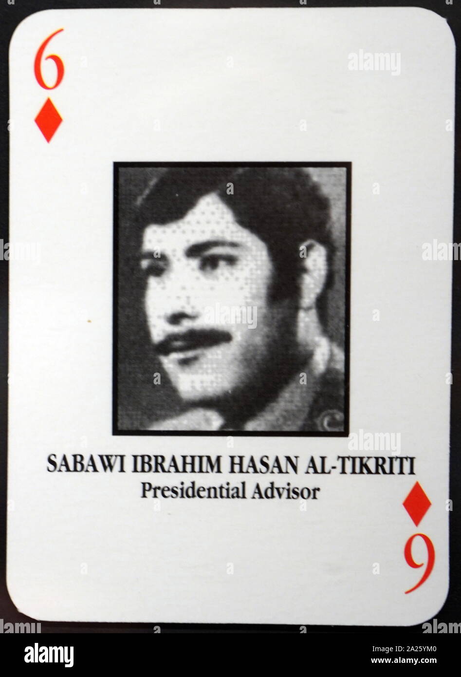 Die meisten - wollte irakische Spielkarten - Sabawi Ibrahim Hasan Al-Tikriti (Berater des Präsidenten). Das US-Militär entwickelte eine Reihe von Spielkarten zu helfen Truppe die meisten - die Mitglieder von Präsident Saddam Husseins Regierung während der Invasion 2003 im Irak zu identifizieren. Stockfoto