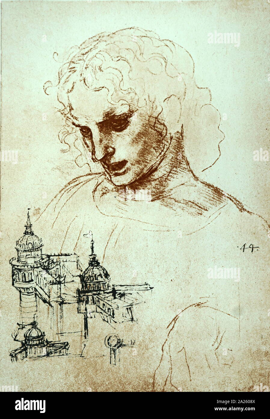 Zeichnung von ST. Jakobus der Ältere (Studie für das letzte Abendmahl), unten links: das Schloss Sforza in Mailand. Rote Kreide, Feder und Tinte, 1495-96. von Leonardo da Vinci (1452-1519), italienischer Künstler und Universalgelehrten. Stockfoto